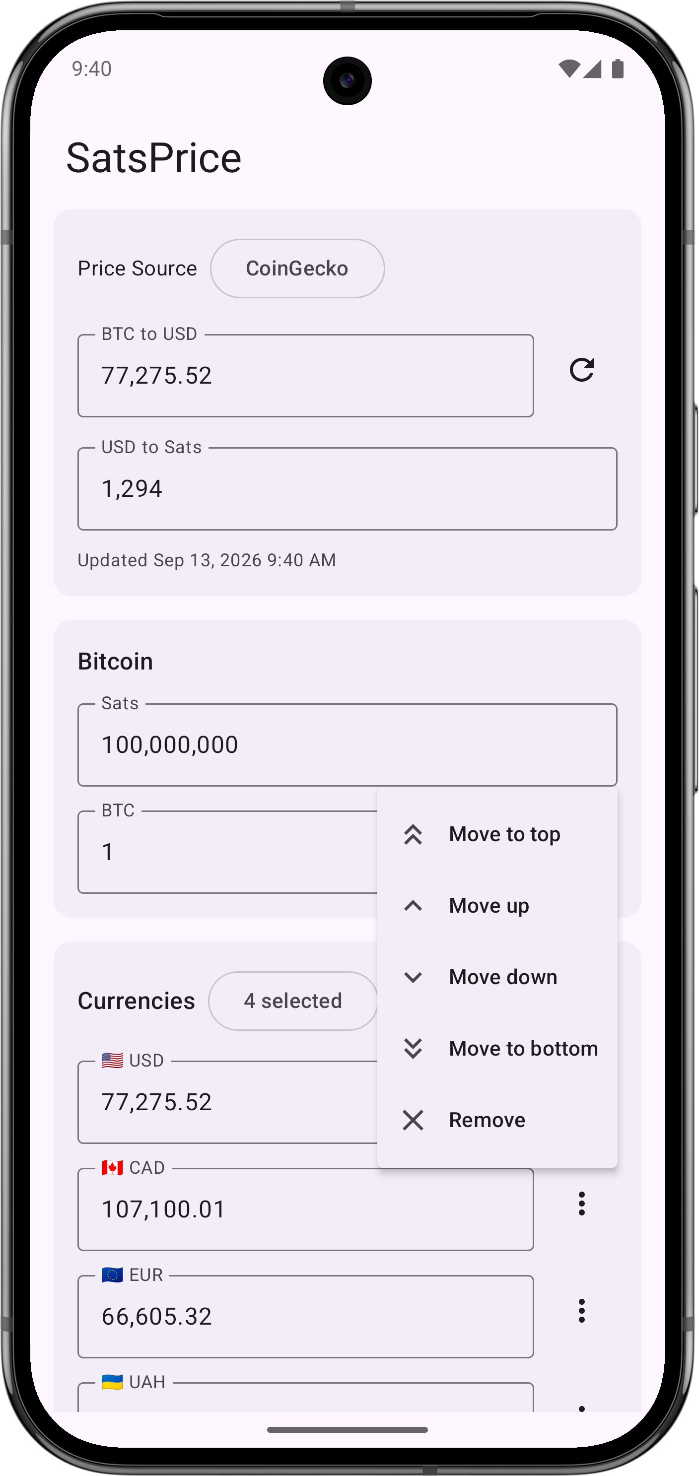 SatsPrice on Android — reorder currency menu
