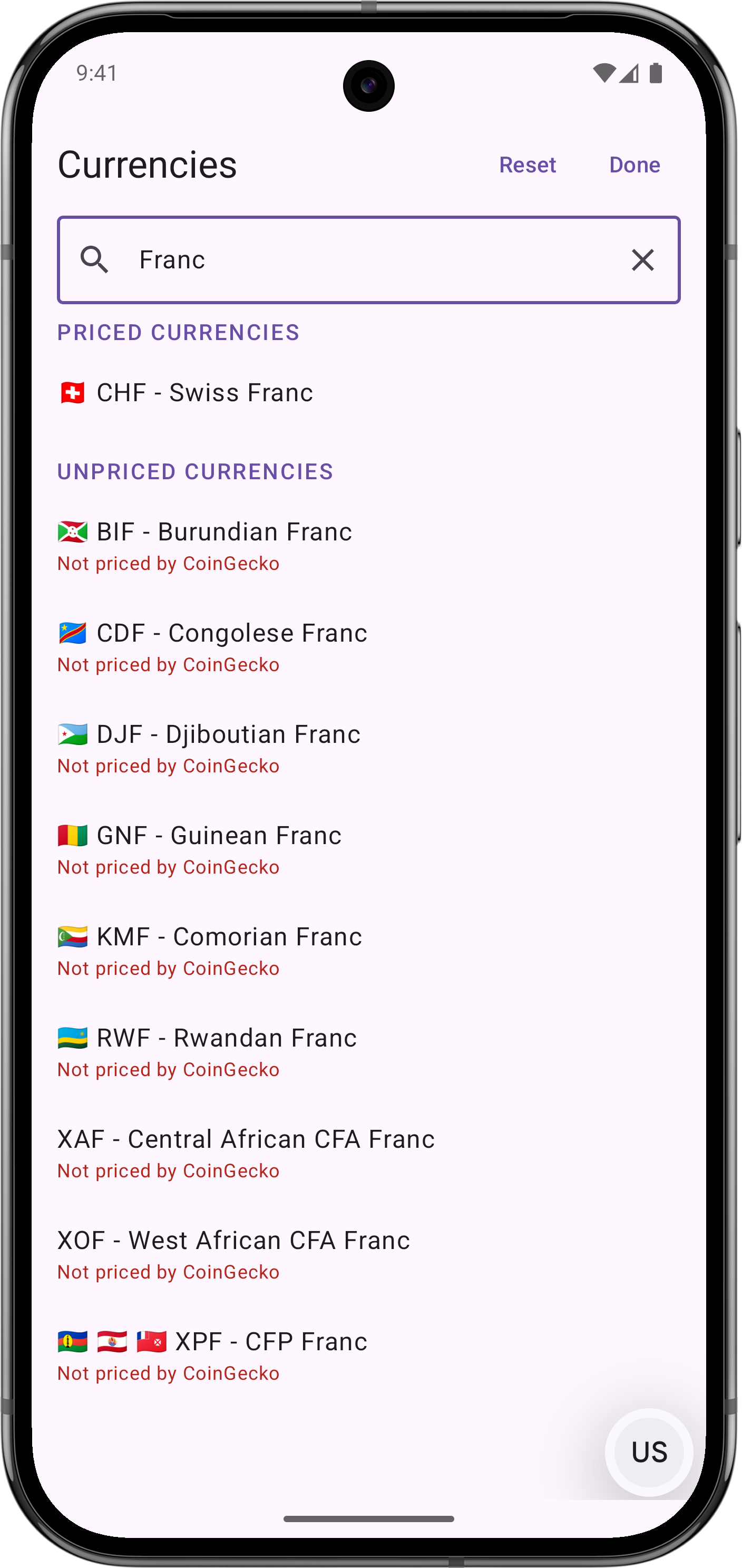 SatsPrice on Android — searching currencies by name