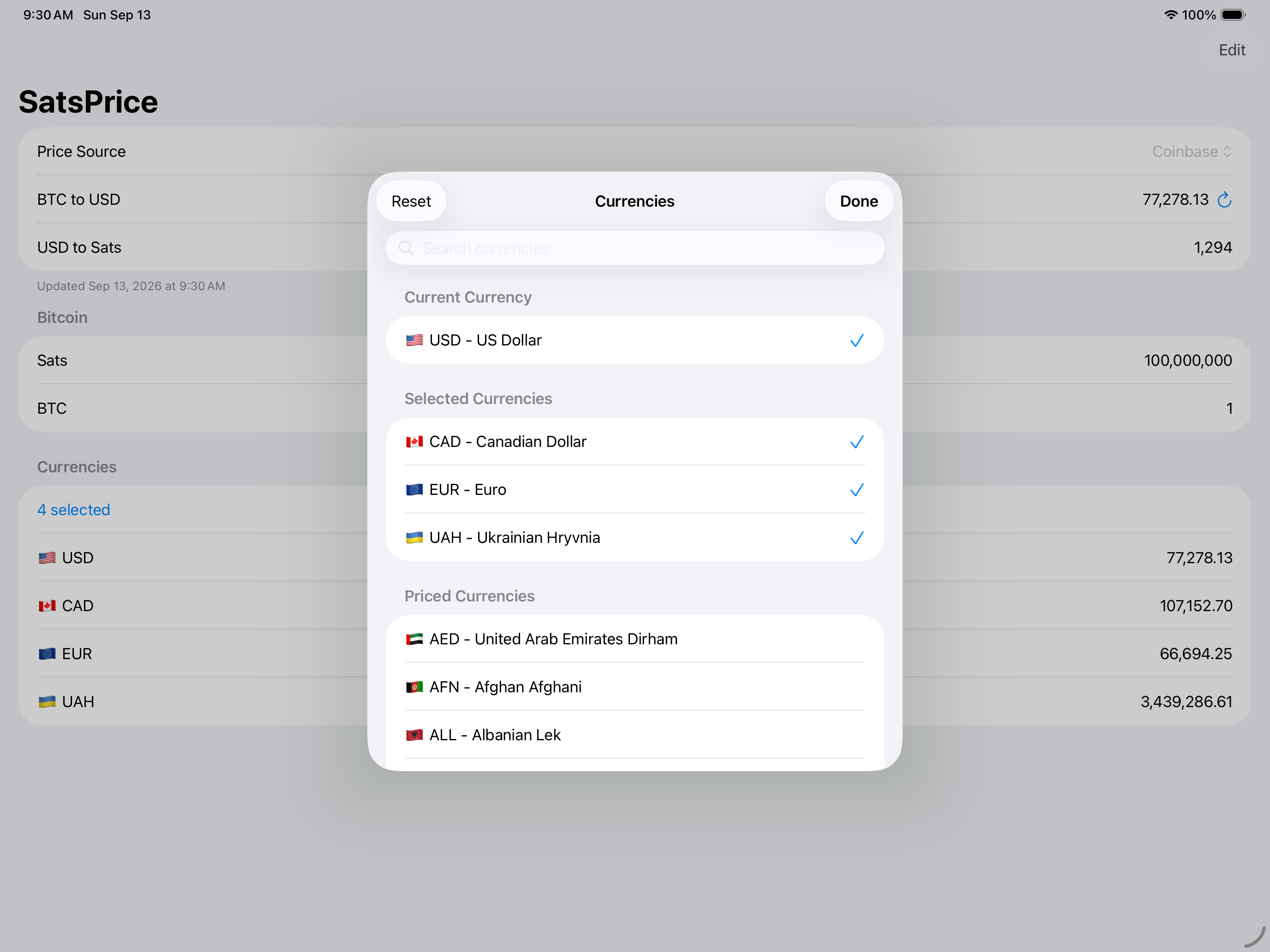 SatsPrice on iPad