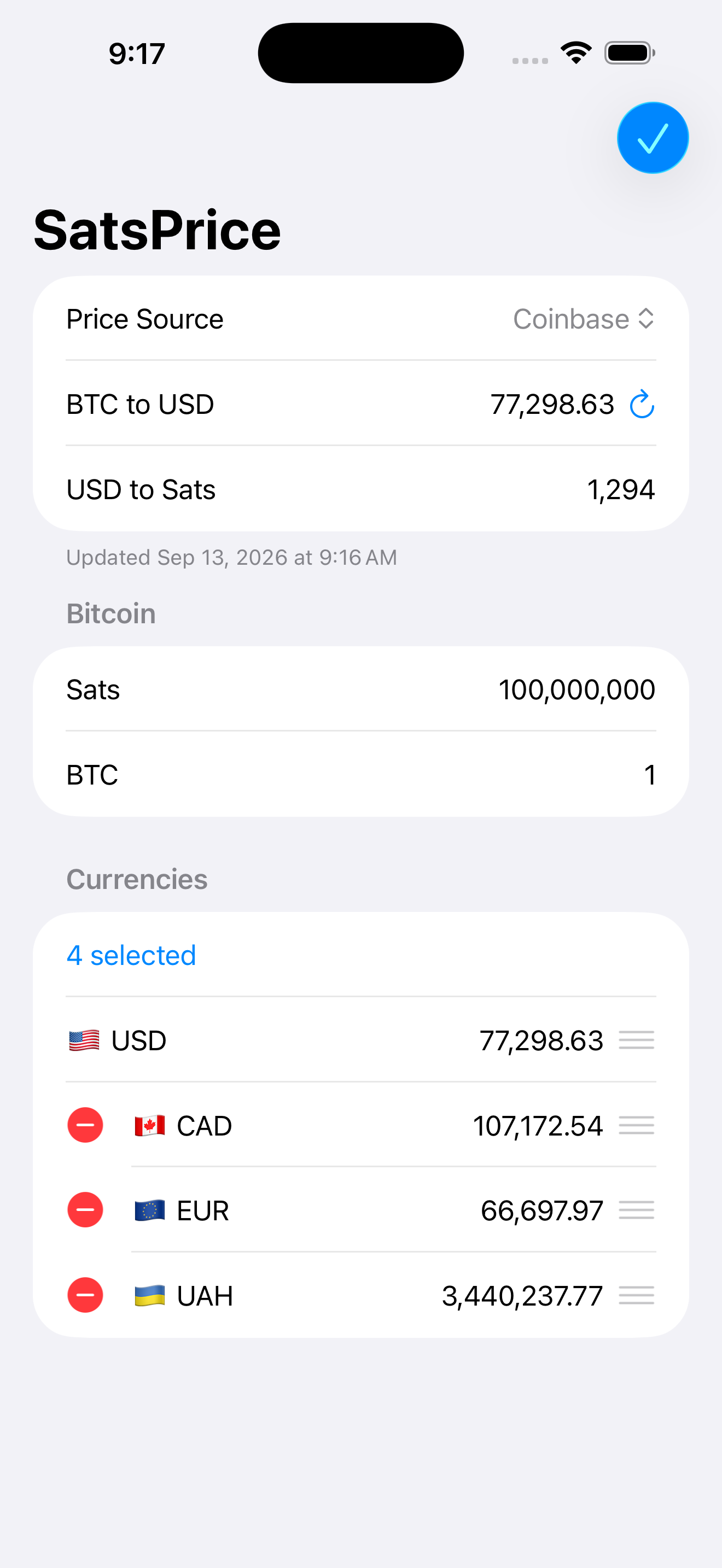 SatsPrice on iPhone — editing currency list