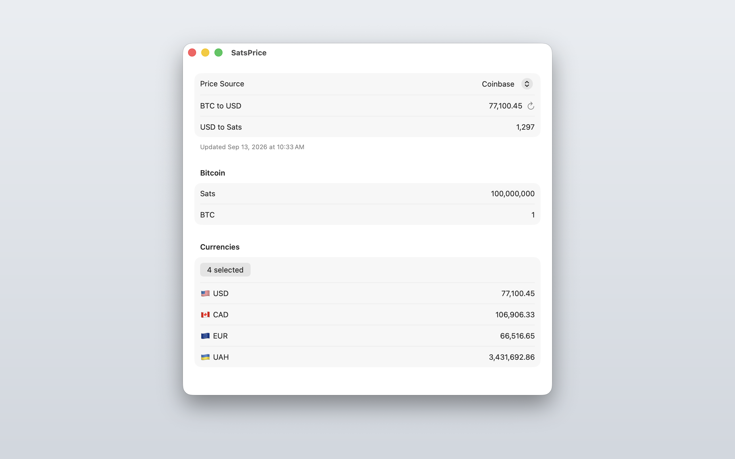 SatsPrice on macOS — main window