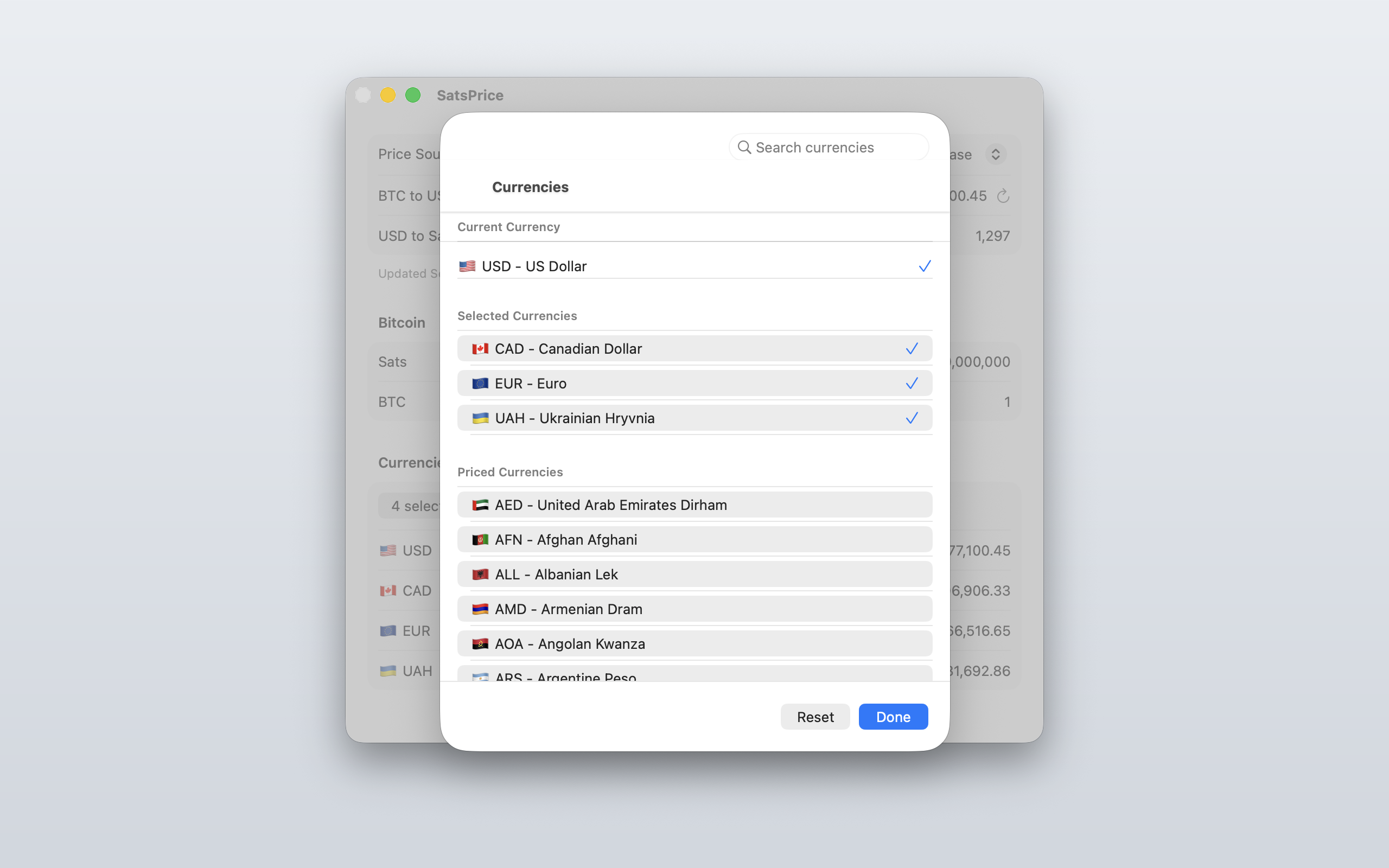 SatsPrice on macOS